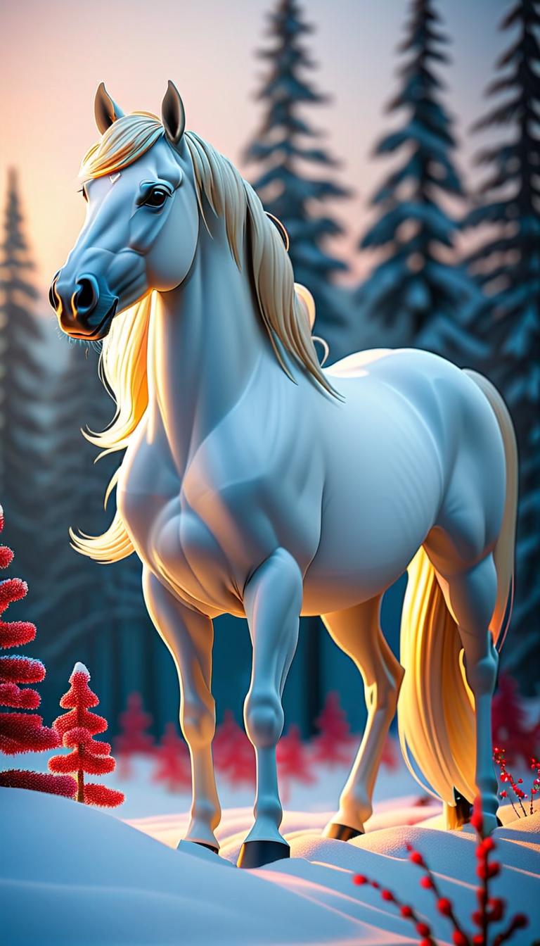  Professional 3D model of A beautiful, stately horse stands looking out over a winter landscape. The horse is white and has a long mane and tail. Christmas decorations are in the trees, ONLY the trees. . Rendered with Octane, the model is highly detailed,dramatic lighting. hyperrealistic, full body, detailed clothing, highly detailed, cinematic lighting, stunningly beautiful, intricate, sharp focus, f/1. 8, 85mm, (centered image composition), (professionally color graded), ((bright soft diffused light)), volumetric fog, trending on instagram, trending on tumblr, HDR 4K, 8K