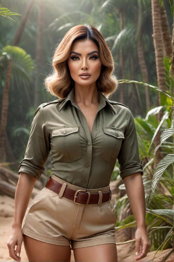  Show a scared and screaming 1930’s era Asian female jungle explorer ,Ann Margret,wearing khaki shorts and khaki shirt with khaki knee socks,standing waist high in sand hyperrealistic, full body, detailed clothing, highly detailed, cinematic lighting, stunningly beautiful, intricate, sharp focus, f/1. 8, 85mm, (centered image composition), (professionally color graded), ((bright soft diffused light)), volumetric fog, trending on instagram, trending on tumblr, HDR 4K, 8K