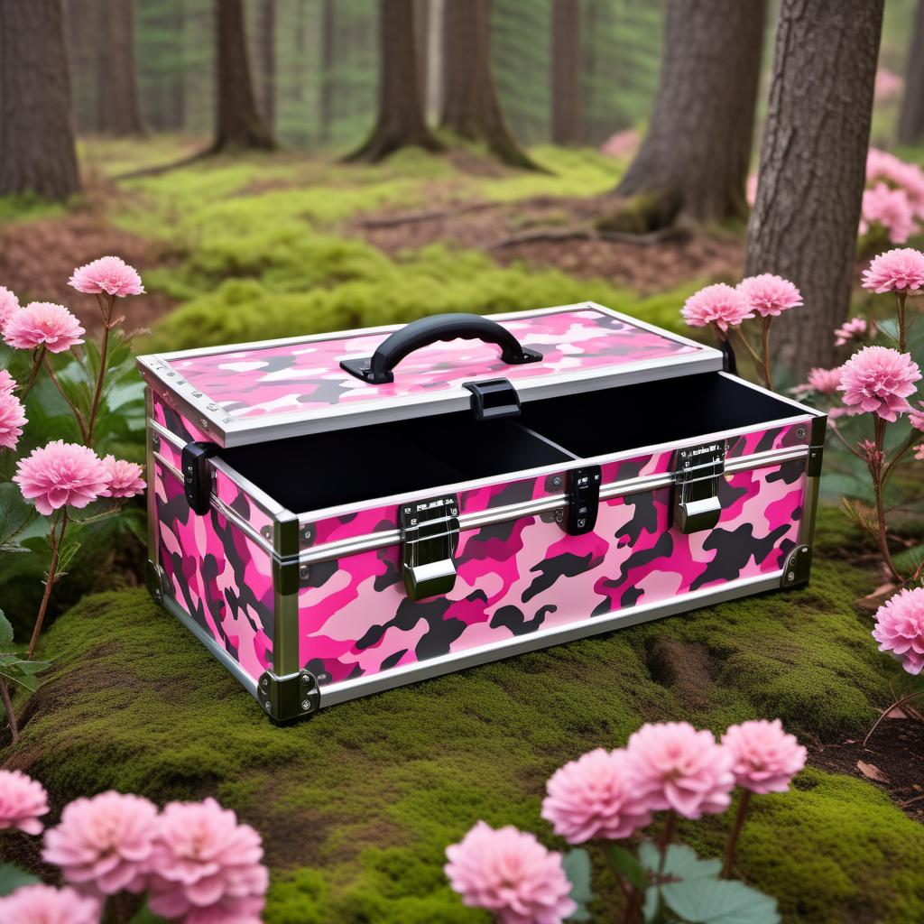  Design a customizable toolbox/organizer with a camo pattern in pink and silver, incorporating bling elements for a girly look. The design should feature your name in bling, ergonomic handles, adjustable dividers, and customizable labeling. Include a sleek and modern aesthetic with a combination of durable plastics and metal components to ensure functionality and durability. hyperrealistic, full body, detailed clothing, highly detailed, cinematic lighting, stunningly beautiful, intricate, sharp focus, f/1. 8, 85mm, (centered image composition), (professionally color graded), ((bright soft diffused light)), volumetric fog, trending on instagram, trending on tumblr, HDR 4K, 8K