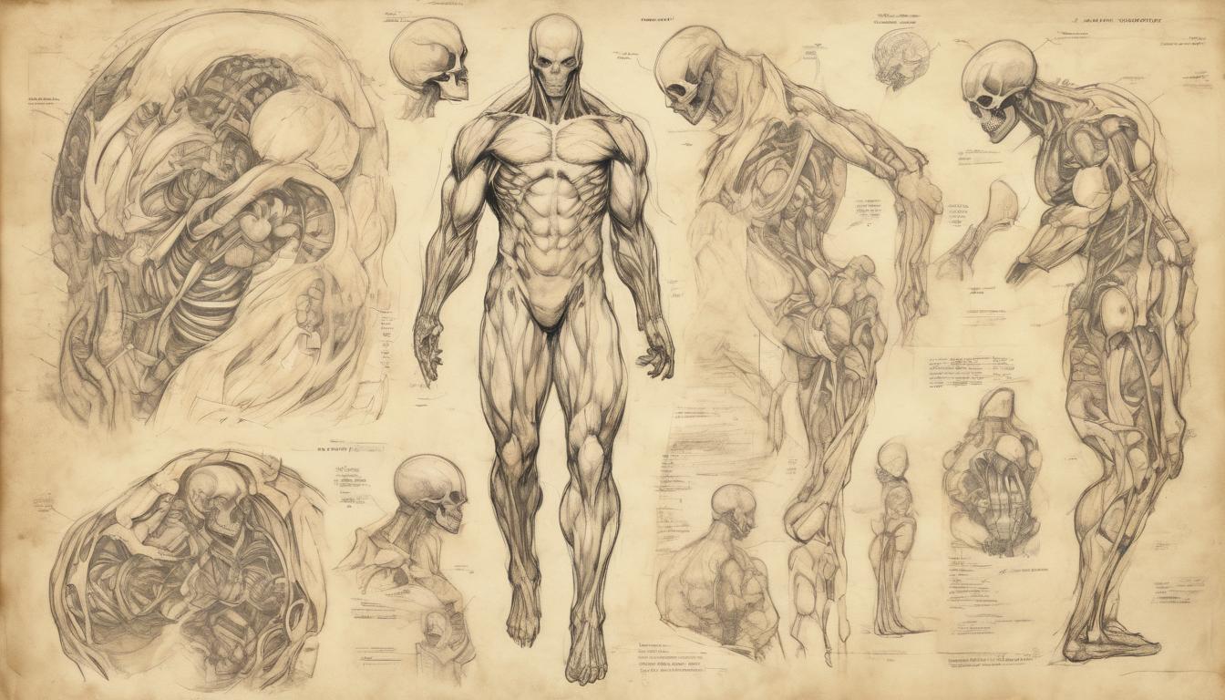  hyperrealism,fantasy aestheticDetailed anatomical sketches, human muscle structure, bones, and internal organs, rendered with precision, aged parchment background, scientific, artistic, high tech clothing clad in sleek, futuristic costume with metallic accents and form fitting designs, marvel superhero comics style, unreal engine rendering