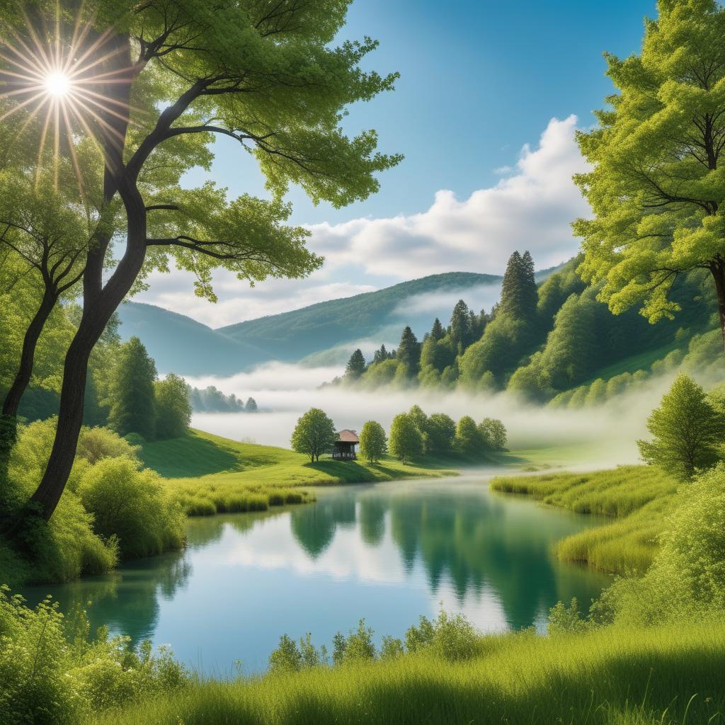  A scenic landscape with rolling hills, a clear blue sky, a peaceful lake, and vibrant green trees. Include a few fluffy white clouds in the sky to add to the tranquility of the scene. hyperrealistic, full body, detailed clothing, highly detailed, cinematic lighting, stunningly beautiful, intricate, sharp focus, f/1. 8, 85mm, (centered image composition), (professionally color graded), ((bright soft diffused light)), volumetric fog, trending on instagram, trending on tumblr, HDR 4K, 8K