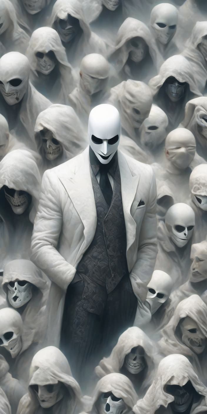  Mason man wearing a white mask with womans. Dark gloomy symbols. 2D illustration with different patterns,flat art hyperrealistic, full body, detailed clothing, highly detailed, cinematic lighting, stunningly beautiful, intricate, sharp focus, f/1. 8, 85mm, (centered image composition), (professionally color graded), ((bright soft diffused light)), volumetric fog, trending on instagram, trending on tumblr, HDR 4K, 8K