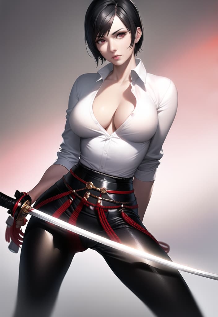  black hair, very short hair, woman, older sister, mature, white dress shirt, red corset, black leather pants, long Japanese sword, muscular, accurate eyes, accurate hands, Japanese armor on shoulders and arms, (Masterpiece, BestQuality:1.3), (ultra detailed:1.2), (hyperrealistic:1.3), (RAW photo:1.2),High detail RAW color photo, professional photograph, (Photorealistic:1.4), (realistic:1.4), ,professional lighting, (japanese), beautiful face, (realistic face)