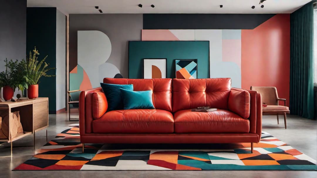  Create an image of a vibrant 80s retro living room with bold colors and geometric patterns. Include eclectic furniture like a bright red retro sofa and a unique geometric coffee table. Decorate the walls with striking artworks and use bold, geometric patterned tiles for the flooring. The atmosphere should exude a lively and energetic vibe, reminiscent of the bold design choices of the 80s. The image must be related to home interior design. hyperrealistic, full body, detailed clothing, highly detailed, cinematic lighting, stunningly beautiful, intricate, sharp focus, f/1. 8, 85mm, (centered image composition), (professionally color graded), ((bright soft diffused light)), volumetric fog, trending on instagram, trending on tumblr, HDR 4K, 8K