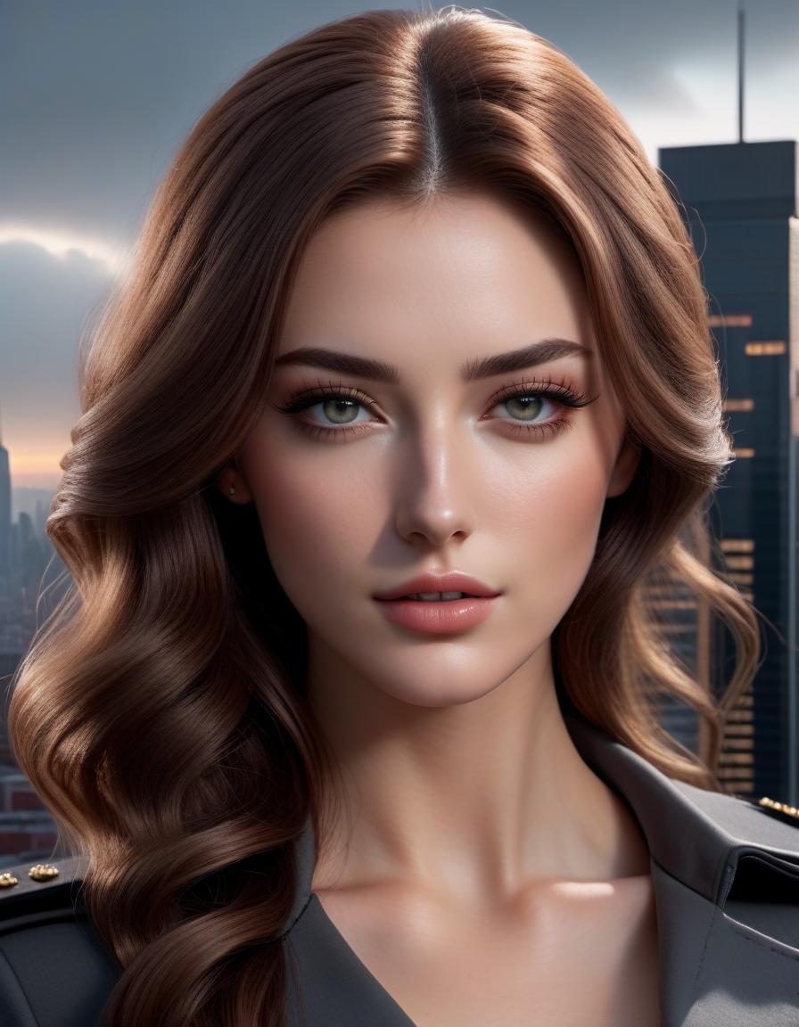  A young , , with dark eyes, long wavy nut hair, a nose piercing, fair skin, a freckle in the middle of her chin, a dark gray uniform, standing tall, against the backdrop of a modern city. hyperrealistic, full body, detailed clothing, highly detailed, cinematic lighting, stunningly beautiful, intricate, sharp focus, f/1. 8, 85mm, (centered image composition), (professionally color graded), ((bright soft diffused light)), volumetric fog, trending on instagram, trending on tumblr, HDR 4K, 8K