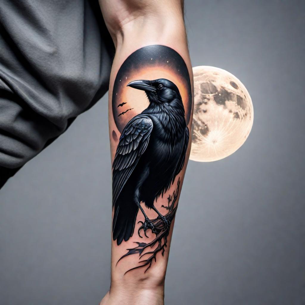  Tattoo design featuring a full moon with a black crow flying from a person's hand. The design should incorporate elements that highlight the contrast between the bright full moon and the dark crow, with the crow's wings in mid-flap as if taking off. The tattoo should be artistic with detailed line work, suitable for a forearm or an upper arm. hyperrealistic, full body, detailed clothing, highly detailed, cinematic lighting, stunningly beautiful, intricate, sharp focus, f/1. 8, 85mm, (centered image composition), (professionally color graded), ((bright soft diffused light)), volumetric fog, trending on instagram, trending on tumblr, HDR 4K, 8K