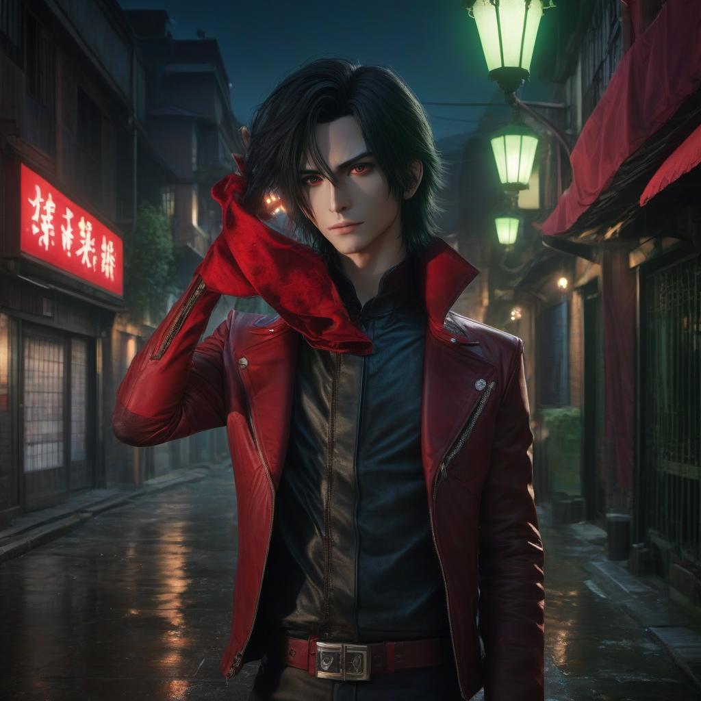  anime artwork A man vampire in a red leather jacket with long black hair holds up a matte poster. His silhouette is illuminated by a dim green light from the night street lamp in a narrow, dark alley. The vampire smiles, his pupils glow red. Night, very dark, almost nothing is visible behind the vampire, a contrasting street light, a gloomy atmosphere of shabbiness and mystique. . anime style, key visual, vibrant, studio anime, highly detailed hyperrealistic, full body, detailed clothing, highly detailed, cinematic lighting, stunningly beautiful, intricate, sharp focus, f/1. 8, 85mm, (centered image composition), (professionally color graded), ((bright soft diffused light)), volumetric fog, trending on instagram, trending on tumblr, HDR 4K, 8K