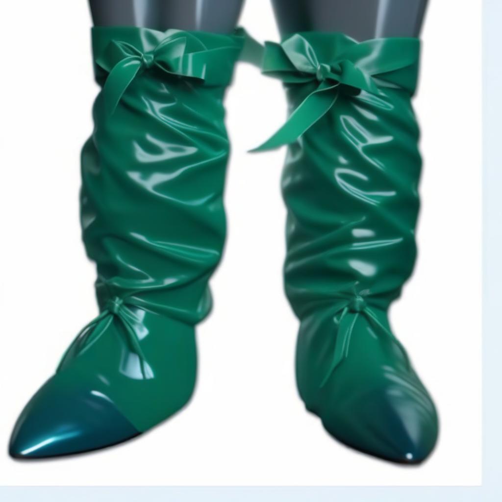  Same, high surgical shoes covers with ribbon ties, flat soled, no heels, glossy latex, the lower part dark green, and the upper part dark blue hyperrealistic, full body, detailed clothing, highly detailed, cinematic lighting, stunningly beautiful, intricate, sharp focus, f/1. 8, 85mm, (centered image composition), (professionally color graded), ((bright soft diffused light)), volumetric fog, trending on instagram, trending on tumblr, HDR 4K, 8K