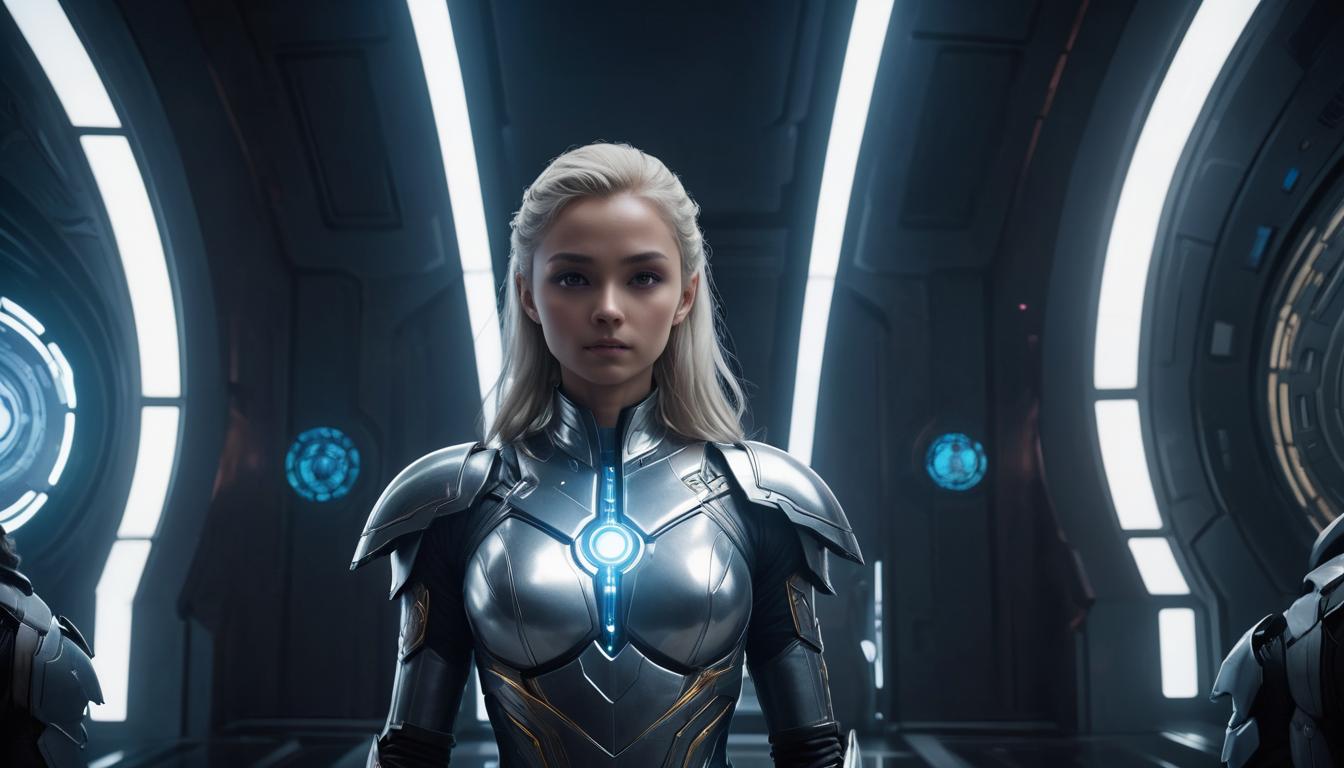  cosmic council chamber, ethereal light, guardians adorned in celestial armor, powerful, ancient, exuding wisdom, high tech clothing clad in sleek, futuristic costume with metallic accents and form fitting designs, marvel superhero comics style, unreal engine rendering