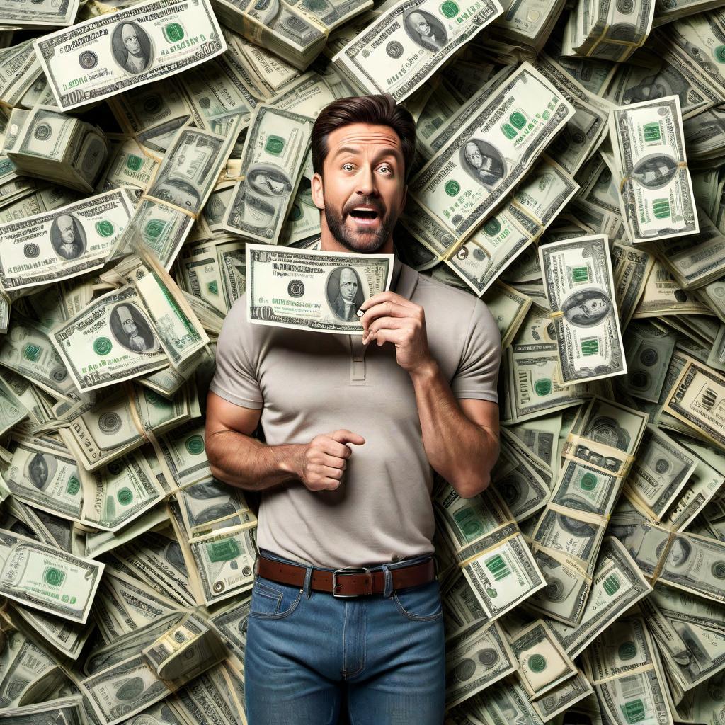  A humorous money meme. Show a pile of cash in the center with humorous text like 'When you find money in your old jeans.' Add some funny facial expressions or cartoon-style elements on the money to make it entertaining and relatable. hyperrealistic, full body, detailed clothing, highly detailed, cinematic lighting, stunningly beautiful, intricate, sharp focus, f/1. 8, 85mm, (centered image composition), (professionally color graded), ((bright soft diffused light)), volumetric fog, trending on instagram, trending on tumblr, HDR 4K, 8K