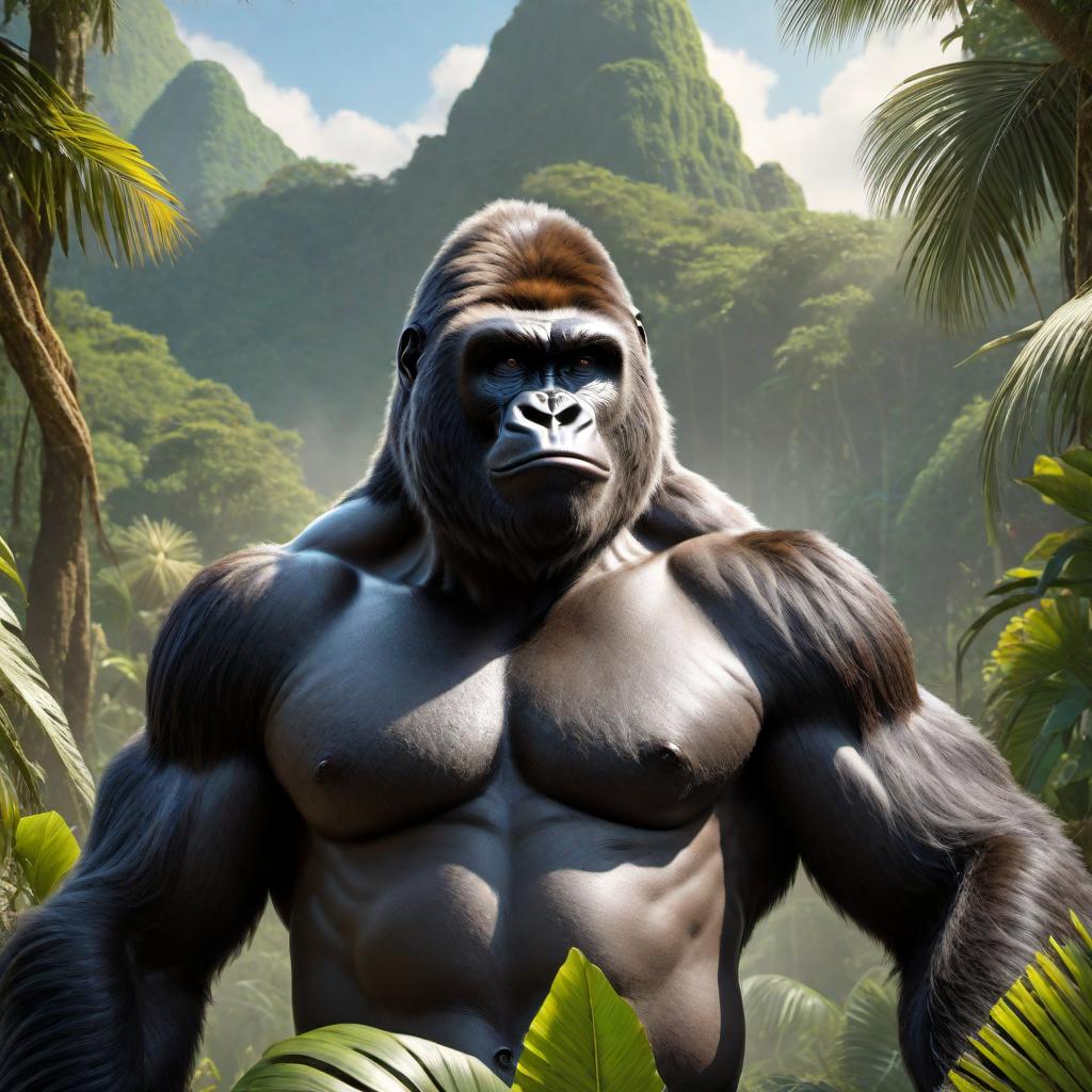  A detailed illustration of King Kong gorilla wearing a hat backward, a tank top, and board shorts. He should look casual and cool with lush jungle background. hyperrealistic, full body, detailed clothing, highly detailed, cinematic lighting, stunningly beautiful, intricate, sharp focus, f/1. 8, 85mm, (centered image composition), (professionally color graded), ((bright soft diffused light)), volumetric fog, trending on instagram, trending on tumblr, HDR 4K, 8K