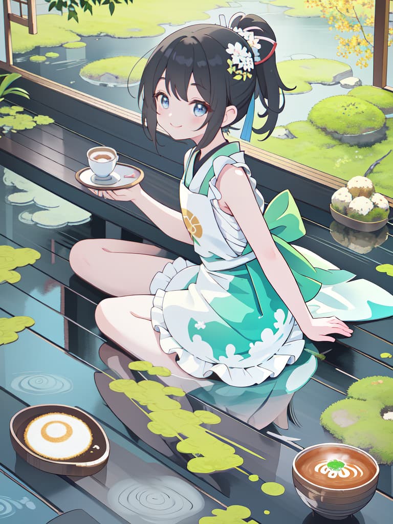  Japan Painting Style, Friul APRON, Bare Shoulder, Cary A Tray, Happy Smile, Japanese Cafe, From Side, Best Quality: 1.4, Ultra Detailed Ture, Raw Photorealistic, Absurd Resolution, 8k Illustration, 💩 , 💩, 💩, 💩, 💩, 💩,, masterpiece, best quality,8k,ultra detailed,high resolution,an extremely delicate and beautiful,hyper detail