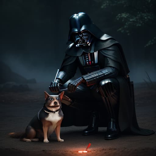  highly detailed photo of darth vader making a barbecue with a dog on his side at the part, full body shot, outside, ambient lighting, 8k resolution hyperrealistic, full body, detailed clothing, highly detailed, cinematic lighting, stunningly beautiful, intricate, sharp focus, f/1. 8, 85mm, (centered image composition), (professionally color graded), ((bright soft diffused light)), volumetric fog, trending on instagram, trending on tumblr, HDR 4K, 8K