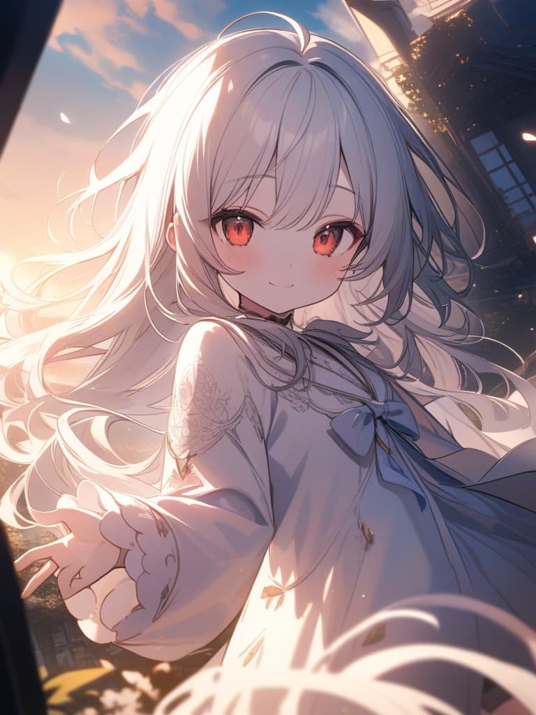  Cute, girl, young face, white skin, thin body, fluffy hair, pure white hair color, bright red eyes, large eyes, beautiful scenery, fluffy long hair, evening, smile, masterpiece, best quality,8k,ultra detailed,high resolution,an extremely delicate and beautiful,hyper detail