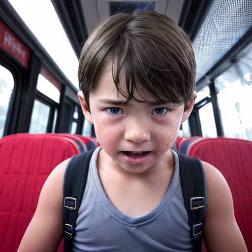  a very sweaty very young boy, caught on a public bus, is discovered by the viewer. The young 's face is rendered in exquisite detail, a look of and arousal as he realizes he's been caught the boy on the bus seat lets out a stream of warm, viscous liquid shooting out from his huge engorged erect tip coating his and splattering onto the floor of the bus, the pinnacle of his is his sweaty features, high-angle shot, dramatic angle, extreme angle shot, photo-realistic, volumetric fog, 85mm lens, HDR, cinematic