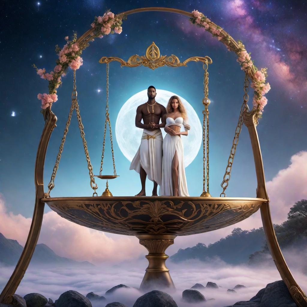  Enchanting couple, one black male and one white female, holding a scale together as a symbol of balance in the sign of Libra zodiac, lofi fantasy style. The couple should have harmonious and balanced appearances, with soft, dreamy, and relaxed lofi elements. Include celestial or cosmic background details to create an enchanting atmosphere. hyperrealistic, full body, detailed clothing, highly detailed, cinematic lighting, stunningly beautiful, intricate, sharp focus, f/1. 8, 85mm, (centered image composition), (professionally color graded), ((bright soft diffused light)), volumetric fog, trending on instagram, trending on tumblr, HDR 4K, 8K