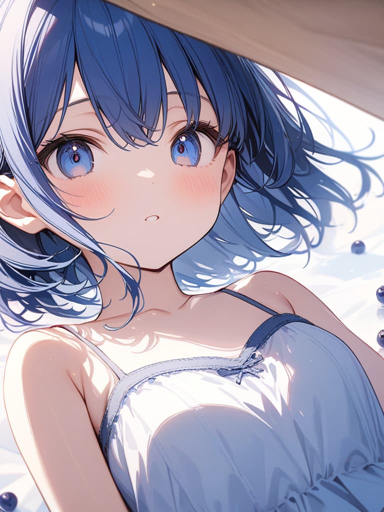  Cute, delicate, blue hair, blue eyes, blueberry, bob hair, young face, camisole, short hair, big eyes, masterpiece, best quality,8k,ultra detailed,high resolution,an extremely delicate and beautiful,hyper detail