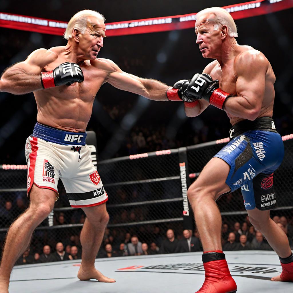  Joe Biden and Donald Trump in a UFC fight. The scene is in an octagon fighting ring with both of them wearing UFC fighting gear, including gloves and shorts. Both are in a fighting stance, ready to duel, with intense expressions on their faces. The crowd in the background is cheering wildly, and the overall vibe is intense and dramatic. hyperrealistic, full body, detailed clothing, highly detailed, cinematic lighting, stunningly beautiful, intricate, sharp focus, f/1. 8, 85mm, (centered image composition), (professionally color graded), ((bright soft diffused light)), volumetric fog, trending on instagram, trending on tumblr, HDR 4K, 8K