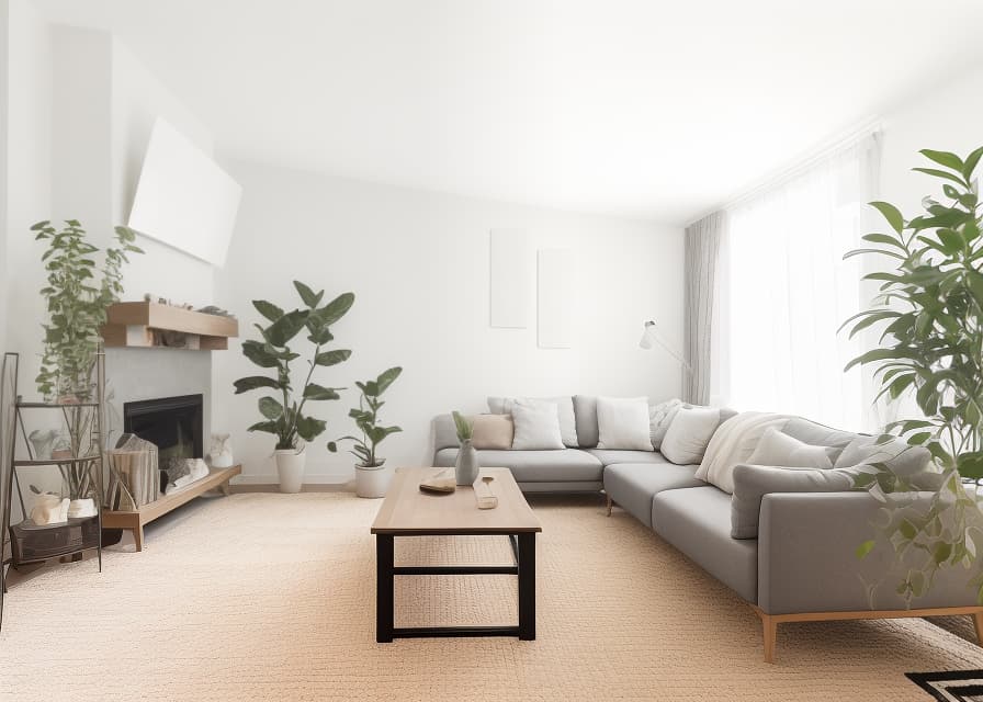  Living Room, Cozy, comfortable, family time, relaxation, entertainment, decor, furniture, lighting The room depicted in the image exhibits a minimalist and contemporary living room theme, emphasizing clean lines and neutral tones. Contemporary minimalist living room with a white sectional sofa, wooden accent chairs, geometric rug, and large leaf artwork. minimalist, contemporary, living room, white sectional sofa, wooden accent chairs, geometric rug, large leaf artwork earhty colors