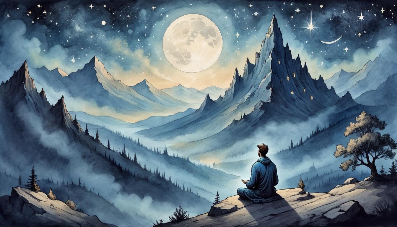  on parchment, surrealism+++, A solitary figure meditating on a mountaintop under the night sky, stars twinkling, a soft aura encircling the person, peace, serenity, isolation(mysterious, provocative, symbolic,muted color)+++