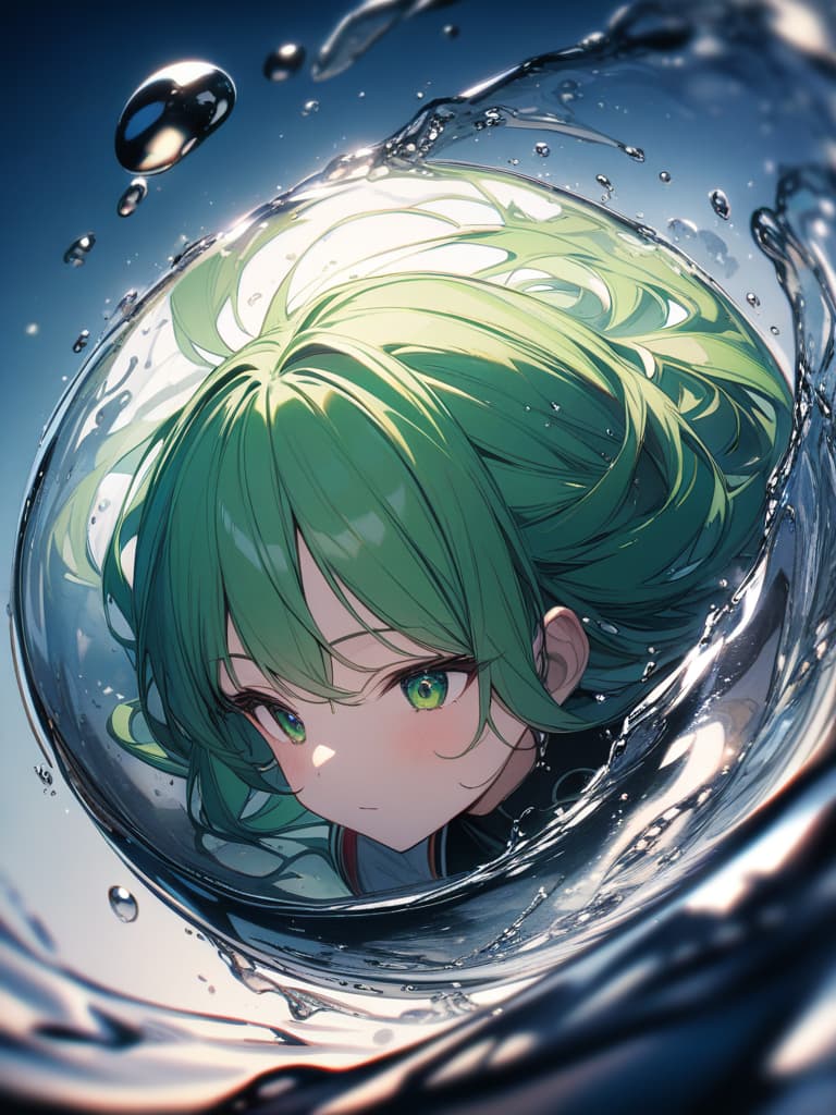  Green hair character in a large droplet, masterpiece, best quality,8k,ultra detailed,high resolution,an extremely delicate and beautiful,hyper detail