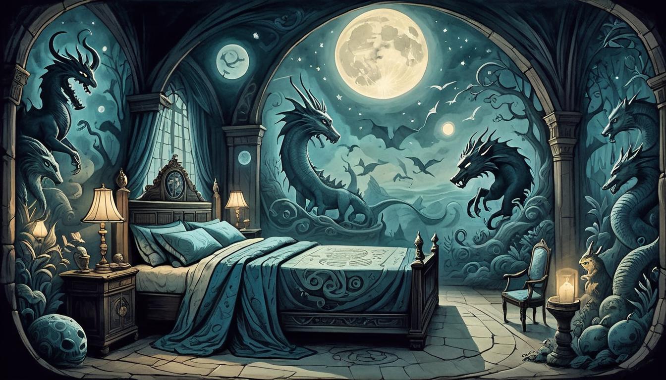  on parchment, surrealism+++, A dark bedroom illuminated by soft moonlight casting shadows, the air filled with translucent images of mythical creatures and ancient symbols, dreamlike quality, mystical and enchanted(mysterious, provocative, symbolic,muted color)+++