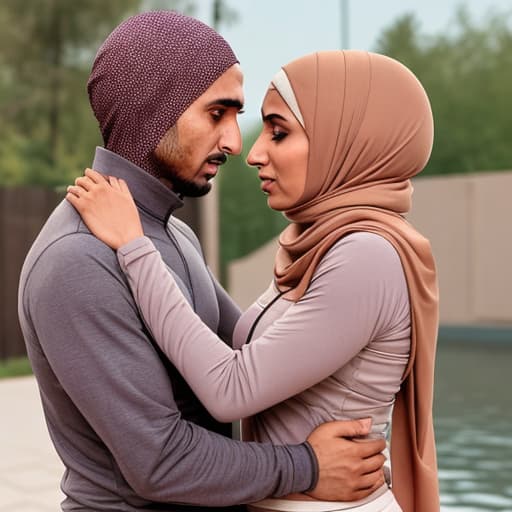  A Muslim who is wearing a sports and yoga pants and a light brown hijab she starts to her male husband on the lips romantically