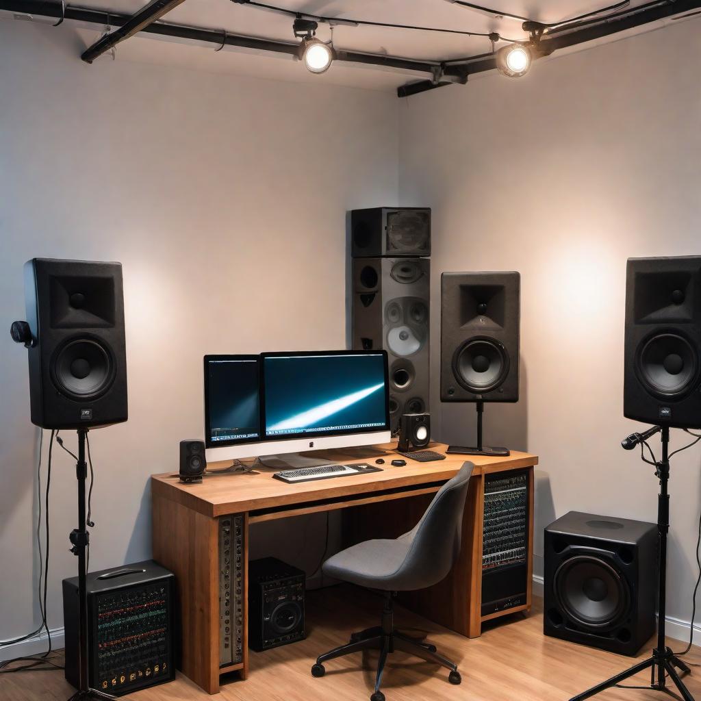  The interior of a small, low-budget recording studio. The space is compact and functional, with just enough room for essential recording equipment. There's a mixing desk with basic audio controls, a computer, and a couple of monitors. The walls are lined with simple acoustic panels to reduce echo. A microphone is set up on a stand, and there are a couple of instruments like a guitar and keyboard. A small, slightly worn couch is against one wall for seating, and there are some cables and other recording accessories neatly arranged. The ambiance is practical and focused on efficiency. hyperrealistic, full body, detailed clothing, highly detailed, cinematic lighting, stunningly beautiful, intricate, sharp focus, f/1. 8, 85mm, (centered image composition), (professionally color graded), ((bright soft diffused light)), volumetric fog, trending on instagram, trending on tumblr, HDR 4K, 8K