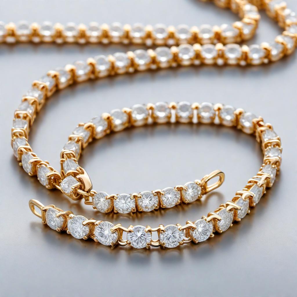  A detailed image of a 3mm diamond tennis chain set against a pristine white background. The diamonds should be round cut, uniformly spaced along the chain, and sparkling brilliantly. The setting of the chain should be made of a shiny metal, showcasing the luxuriousness and elegance of the piece. hyperrealistic, full body, detailed clothing, highly detailed, cinematic lighting, stunningly beautiful, intricate, sharp focus, f/1. 8, 85mm, (centered image composition), (professionally color graded), ((bright soft diffused light)), volumetric fog, trending on instagram, trending on tumblr, HDR 4K, 8K