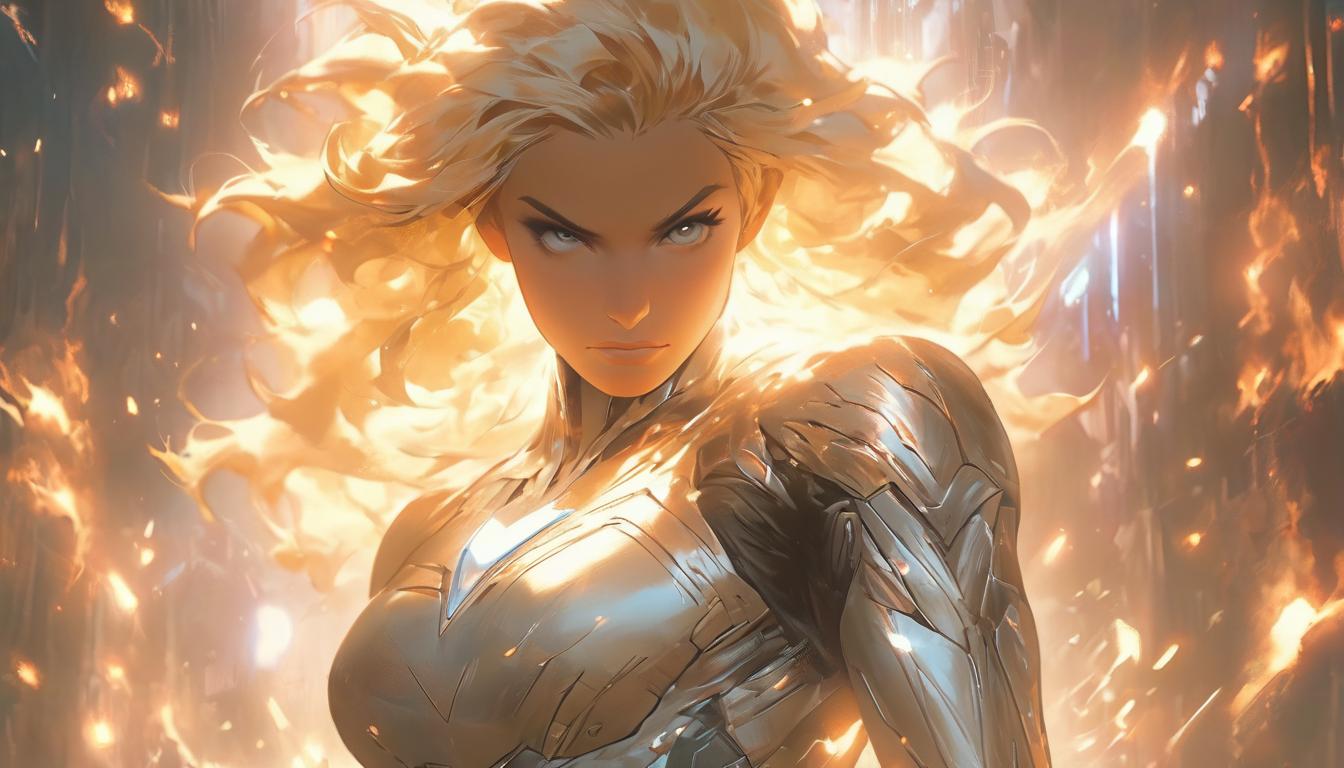  hyperrealism,fantasy aesthetic1woman, large busted attractive blonde arian female humanoid, standing strong, rays of determination, endless stars, courageous, bold, aesthetic, high tech clothing clad in sleek, futuristic costume with metallic accents and form fitting designs, marvel superhero comics style, unreal engine rendering