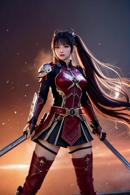  Create a dynamic ilration of Emily, a age in her late s. She has twin tails and wears a red armor like outfit with black belt accessories. The background should be dynamic and heroic. She should be in various action poses, including fighting and giving a warning. hyperrealistic, full body, detailed clothing, highly detailed, cinematic lighting, stunningly beautiful, intricate, sharp focus, f/1. 8, 85mm, (centered image composition), (professionally color graded), ((bright soft diffused light)), volumetric fog, trending on instagram, trending on tumblr, HDR 4K, 8K