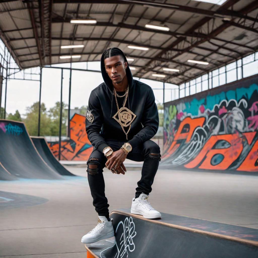  A male model at a skatepark wearing high-end diamond jewelry. The model is stylishly dressed in trendy streetwear fashion, with chains, rings, and a diamond-encrusted watch clearly visible. The skatepark has ramps, graffiti, and a chill urban vibe. hyperrealistic, full body, detailed clothing, highly detailed, cinematic lighting, stunningly beautiful, intricate, sharp focus, f/1. 8, 85mm, (centered image composition), (professionally color graded), ((bright soft diffused light)), volumetric fog, trending on instagram, trending on tumblr, HDR 4K, 8K