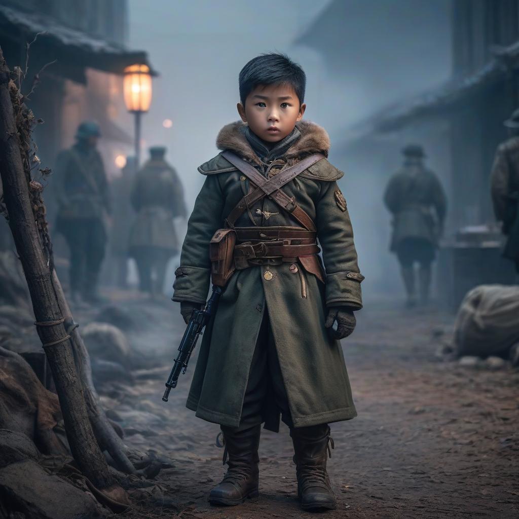  A child in war, cold., hkmagic hyperrealistic, full body, detailed clothing, highly detailed, cinematic lighting, stunningly beautiful, intricate, sharp focus, f/1. 8, 85mm, (centered image composition), (professionally color graded), ((bright soft diffused light)), volumetric fog, trending on instagram, trending on tumblr, HDR 4K, 8K