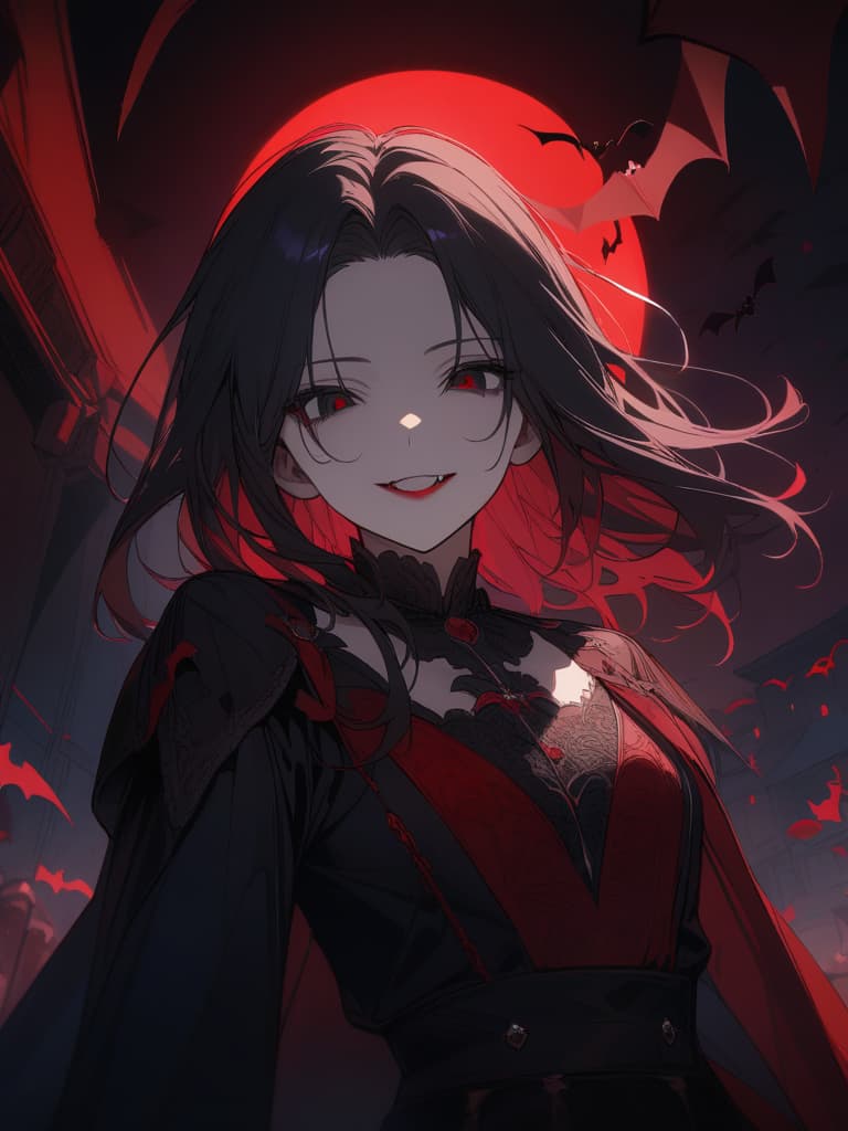  ((Long black hair,parted bangs,forehead,black eyes,long eyes,thin eyes,hanging eyes,double teeth,dark circles,blood,bright red lips,invincible smile,vampires,bats)),(Vampire mant,night sky,moonlight,red moon,red rose),, masterpiece, best quality,8k,ultra detailed,high resolution,an extremely delicate and beautiful,hyper detail