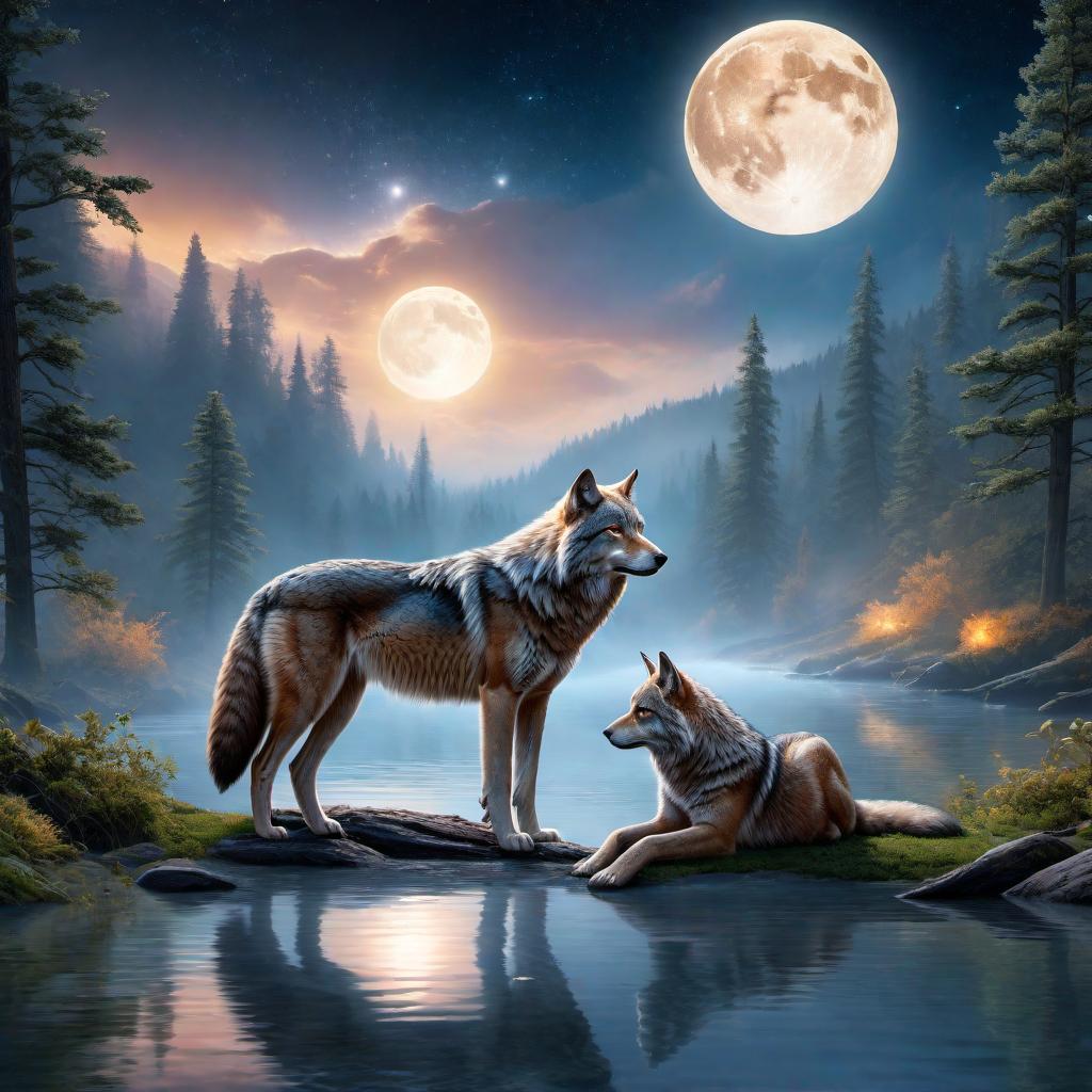  An imaginative scene featuring spark wolves and bobcats near a river. The wolves should have spark-like fur that glows in the dark, while the bobcats have a mystical, ethereal appearance. The setting is a serene riverbank under a starry night sky, with the reflection of the moon shimmering on the water. The atmosphere is both magical and calm, blending nature with an enchanting, fantasy-like aura. hyperrealistic, full body, detailed clothing, highly detailed, cinematic lighting, stunningly beautiful, intricate, sharp focus, f/1. 8, 85mm, (centered image composition), (professionally color graded), ((bright soft diffused light)), volumetric fog, trending on instagram, trending on tumblr, HDR 4K, 8K