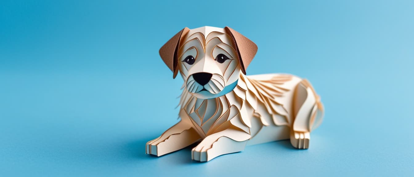  Macro Photography, A cute Dog on blue background, paper cut art., close up, macro 100mm, macro photography