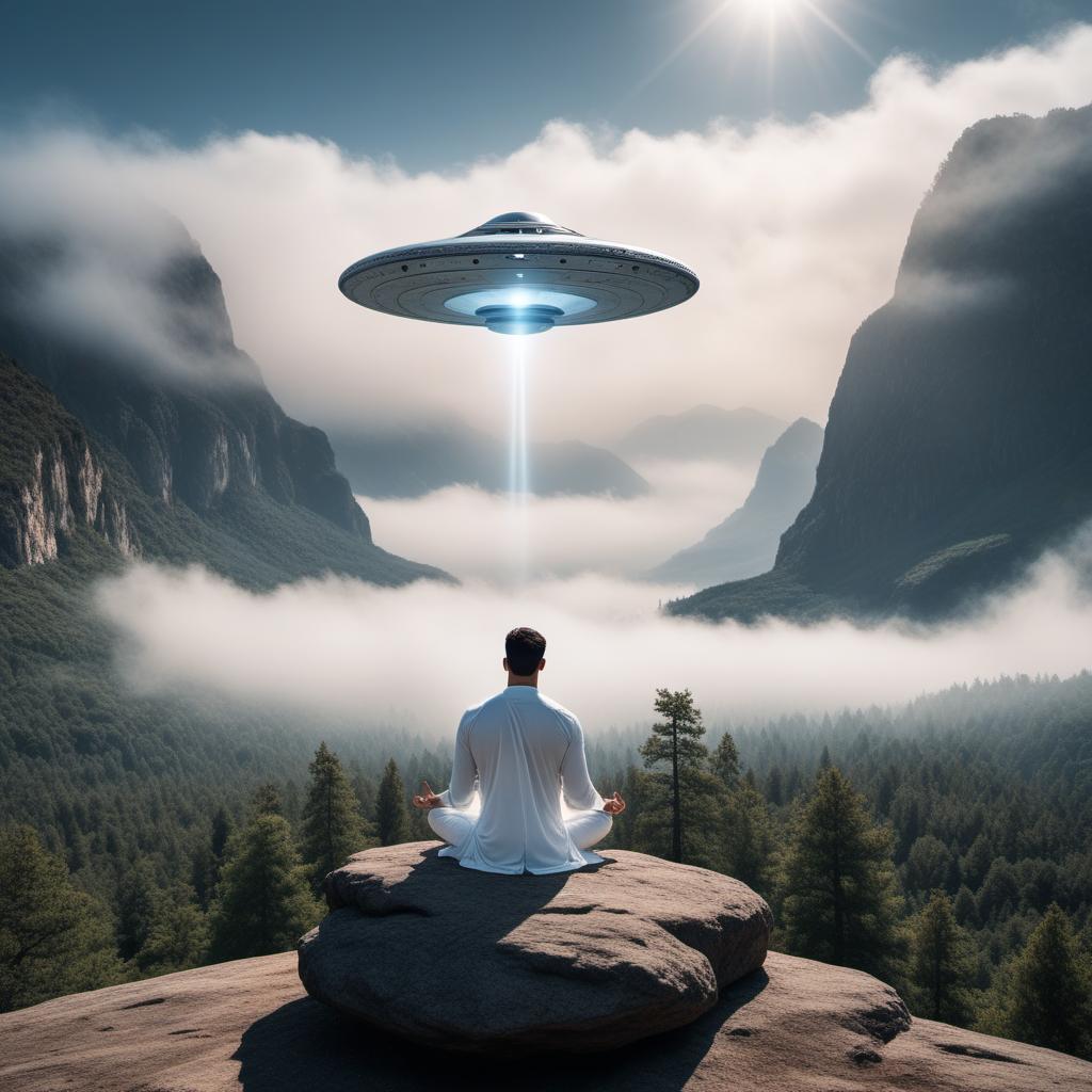  An epic image of a UFO hovering over a man dressed in all white meditating. hyperrealistic, full body, detailed clothing, highly detailed, cinematic lighting, stunningly beautiful, intricate, sharp focus, f/1. 8, 85mm, (centered image composition), (professionally color graded), ((bright soft diffused light)), volumetric fog, trending on instagram, trending on tumblr, HDR 4K, 8K