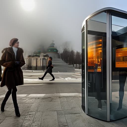 dvarchmodern busstop people chelabinsk hyperrealistic, full body, detailed clothing, highly detailed, cinematic lighting, stunningly beautiful, intricate, sharp focus, f/1. 8, 85mm, (centered image composition), (professionally color graded), ((bright soft diffused light)), volumetric fog, trending on instagram, trending on tumblr, HDR 4K, 8K