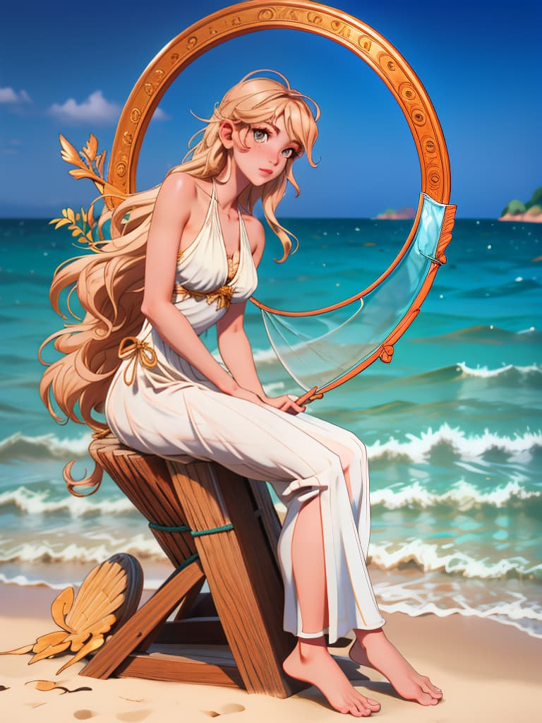  award winning, professional, highly detailed, breathtaking sea nymph, lyre stringed harp, instrument, sitting, rock, ocean spray, ocean storm, driftwood, toga, angelic, sea front view, , , photorealistic, raw photo, (1girl, looking at viewer), long hair, blond, oasis, barefoot, eyeshadow, witch, maiden, songstress, fins, translucent white toga, bikini, intricate dress, delicate wood filigree, intricate filigree, pearl metalic parts, detailed part, dynamic pose, detailed background, dynamic lighting,(textured skin:1.3)