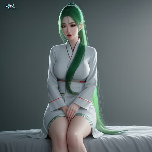  asian female nurse uniform, large, bedroom scene, very long straight green hair, short ponytail, narrow aqua eyes, personality, scared expression, very pale skin, magical, energetic hyperrealistic, full body, detailed clothing, highly detailed, cinematic lighting, stunningly beautiful, intricate, sharp focus, f/1. 8, 85mm, (centered image composition), (professionally color graded), ((bright soft diffused light)), volumetric fog, trending on instagram, trending on tumblr, HDR 4K, 8K hyperrealistic, full body, detailed clothing, highly detailed, cinematic lighting, stunningly beautiful, intricate, sharp focus, f/1. 8, 85mm, (centered image composition), (professionally color graded), ((bright soft diffused light)), volumetric fog, trending on instagram, trending on tumblr, HDR 4K, 8K