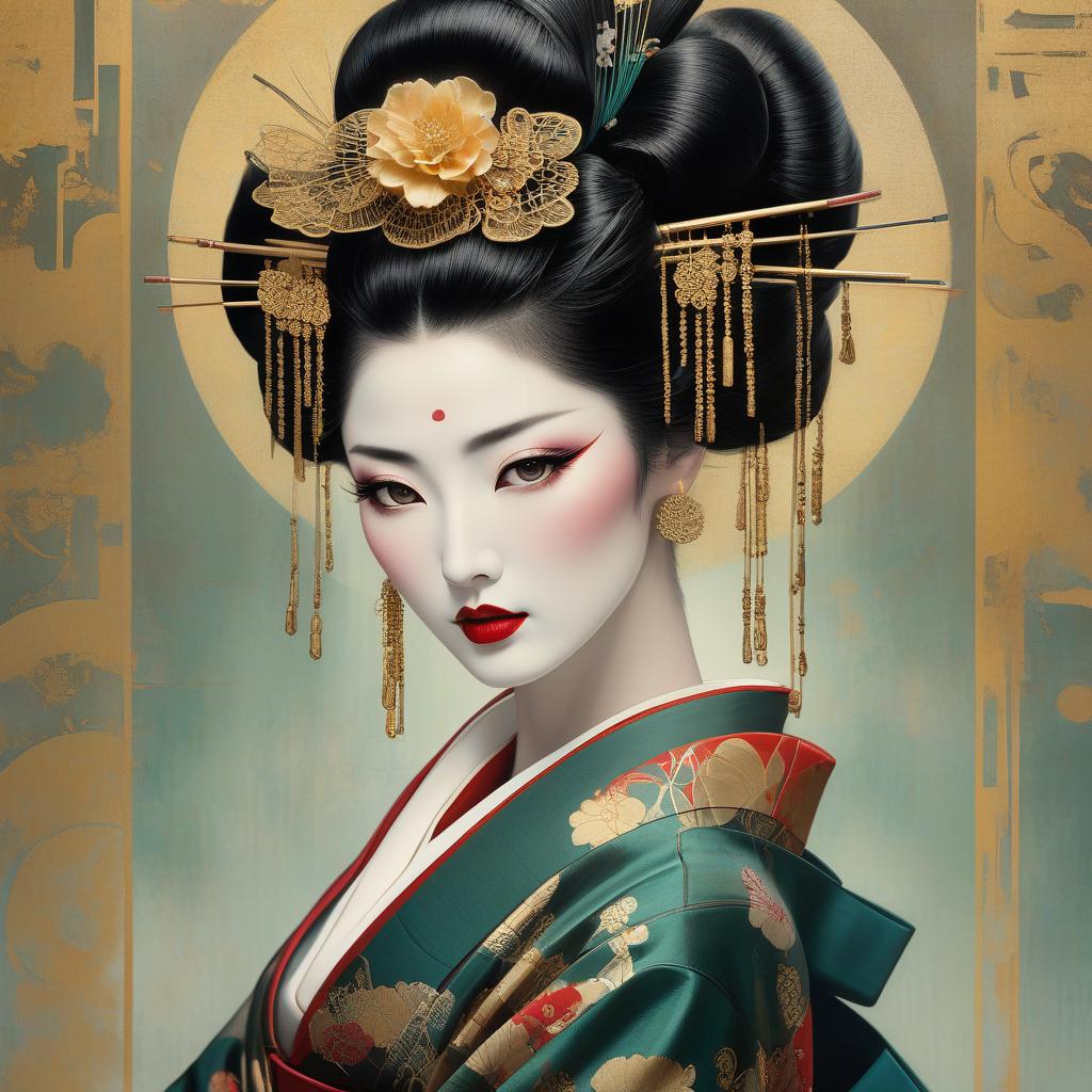  a double exposure image that captures the essence of a geisha, portrayed with the intricate silk textures and golden filigree reminiscent of Gustav Klimt's style. The artwork should be rendered in watercolor and ink, featuring imperial colors with delicate gold foil details. Incorporate elements of Art Deco, inspired by the works of Enki Bilal, Egon Schiele, Milo Manara, Catrin Welz Stein, and Jean Metzinger. The geisha's eyes and hands should be depicted with perfection, set against a dynamic pose and a dark jade background. Add a touch of splatter to convey movement, and use gold filaments to enhance the composition. The image should be of high resolution, 8k or 4k, ensuring a beautiful close up with crisp quality. The background should h hyperrealistic, full body, detailed clothing, highly detailed, cinematic lighting, stunningly beautiful, intricate, sharp focus, f/1. 8, 85mm, (centered image composition), (professionally color graded), ((bright soft diffused light)), volumetric fog, trending on instagram, trending on tumblr, HDR 4K, 8K