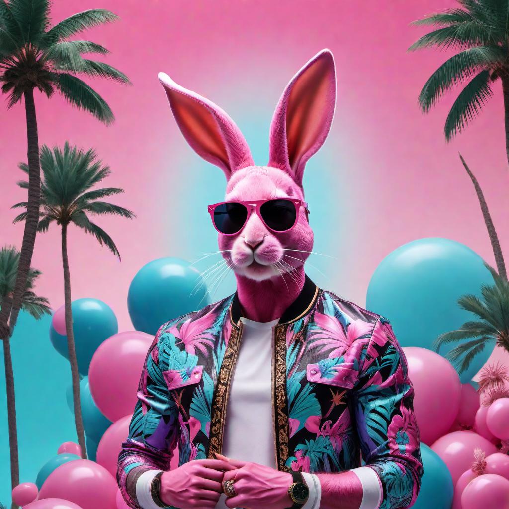  A vibrant party flyer for a Bad Bunny-themed event in Florida. The design should include an image of Bad Bunny, tropical elements like palm trees, neon lights, and vibrant colors such as pink, purple, and turquoise. The text should include the event name 'Bad Bunny Party', location 'Florida Beach Club', date and time 'Saturday, October 15th, 9 PM - 2 AM'. Make it energetic and eye-catching. hyperrealistic, full body, detailed clothing, highly detailed, cinematic lighting, stunningly beautiful, intricate, sharp focus, f/1. 8, 85mm, (centered image composition), (professionally color graded), ((bright soft diffused light)), volumetric fog, trending on instagram, trending on tumblr, HDR 4K, 8K