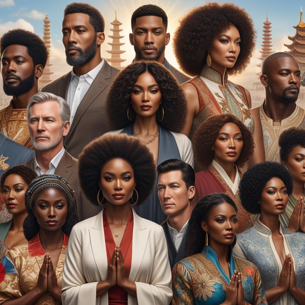  A powerful image depicting a diverse group of people — a white man, a black woman, a Chinese individual, and brown people — standing together in solidarity, united in prayer for peace on Earth. The background showcases a stunning collage of various countries' landmarks, cultures, and flags, blending seamlessly to represent global unity. hyperrealistic, full body, detailed clothing, highly detailed, cinematic lighting, stunningly beautiful, intricate, sharp focus, f/1. 8, 85mm, (centered image composition), (professionally color graded), ((bright soft diffused light)), volumetric fog, trending on instagram, trending on tumblr, HDR 4K, 8K