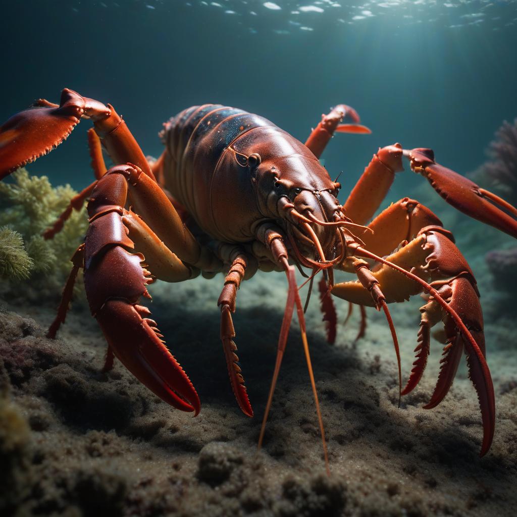  close up of a large lobster in its habitat, animation. hyperrealistic, full body, detailed clothing, highly detailed, cinematic lighting, stunningly beautiful, intricate, sharp focus, f/1. 8, 85mm, (centered image composition), (professionally color graded), ((bright soft diffused light)), volumetric fog, trending on instagram, trending on tumblr, HDR 4K, 8K