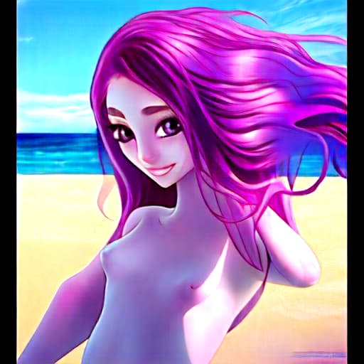  Girl on the beach with beautiful long purple hair, dreamy pink eyes, skinny, Ultra detail, elegant Happy