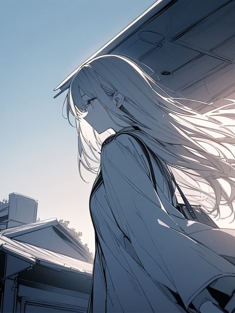  Monochrome, long hair, girl, cute, profile, wind, uniform, school rooftop, sky background, trumpet, masterpiece, best quality,8k,ultra detailed,high resolution,an extremely delicate and beautiful,hyper detail