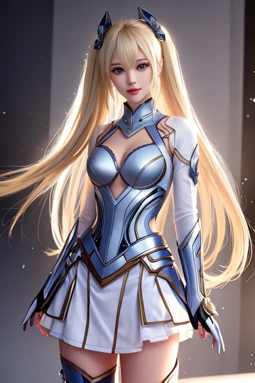  A young woman in her early twenties with long, blonde twin tails. She is dressed in a dynamic and futuristic costume, combining elements of traditional and modern design. Her expression should be determined and strong, reflecting her role as a hero. Incorporate elements of space and technology into her design. hyperrealistic, full body, detailed clothing, highly detailed, cinematic lighting, stunningly beautiful, intricate, sharp focus, f/1. 8, 85mm, (centered image composition), (professionally color graded), ((bright soft diffused light)), volumetric fog, trending on instagram, trending on tumblr, HDR 4K, 8K