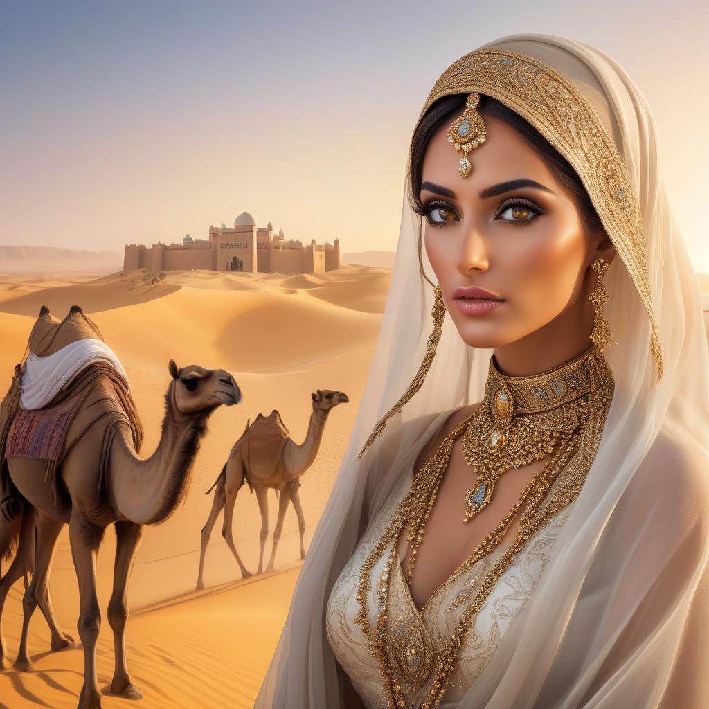  hyperrealistic art A woman with intricate jewelry and a colorful veil gazes intently, as a caravan of camels traverses a desert with a sunset behind. masterpiece.(Desert + dunes).(the main background is a yellow orange gradient).(The Sheikh's castle is in the background).(In the foreground on the right is a caravan of camels + Arabs).(In the foreground on the left is a beautiful Iranian woman with beautiful black eyes).(The Iranian woman is wearing beautiful clothes + expensive jewelry) (The Iranian woman has an openwork veil on her face, she holds it with her hand). (The most beautiful photo in the world.) . extremely high resolution details, photographic, realism pushed to extreme, fine texture, incredibly lifelike hyperrealistic, full body, detailed clothing, highly detailed, cinematic lighting, stunningly beautiful, intricate, sharp focus, f/1. 8, 85mm, (centered image composition), (professionally color graded), ((bright soft diffused light)), volumetric fog, trending on instagram, trending on tumblr, HDR 4K, 8K