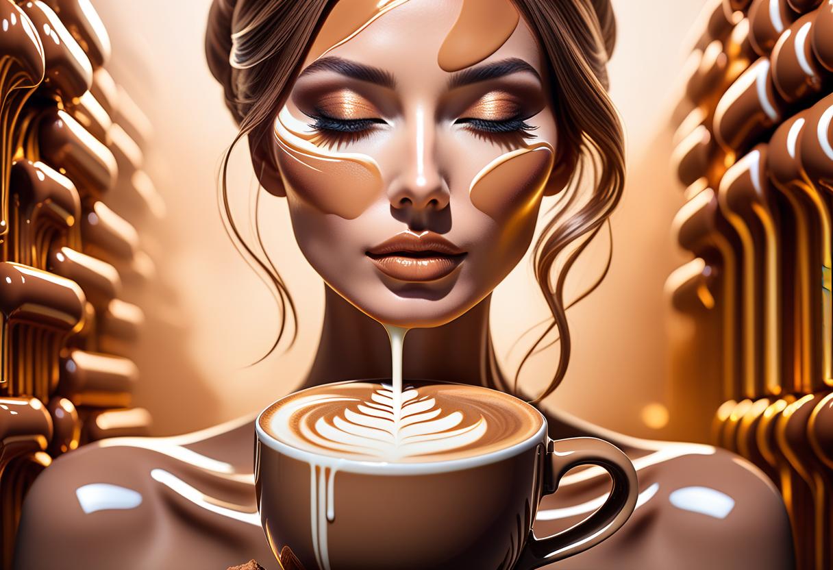  double exposure of acrylic paint, abstract female face, skin and hair composed of smooth flows of cappuccino, muted pleasant colors of café au lait, volumetric lighting, dreamy mood, background: milk chocolate bars hyperrealistic, full body, detailed clothing, highly detailed, cinematic lighting, stunningly beautiful, intricate, sharp focus, f/1. 8, 85mm, (centered image composition), (professionally color graded), ((bright soft diffused light)), volumetric fog, trending on instagram, trending on tumblr, HDR 4K, 8K