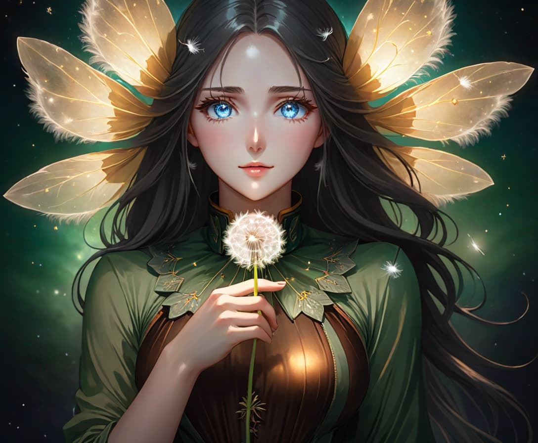  anime artwork A beautiful girl with ice blue eyes and long white hair holds a dandelion in her hands against the backdrop of the milky way. . anime style, key visual, vibrant, studio anime, highly detailed hyperrealistic, full body, detailed clothing, highly detailed, cinematic lighting, stunningly beautiful, intricate, sharp focus, f/1. 8, 85mm, (centered image composition), (professionally color graded), ((bright soft diffused light)), volumetric fog, trending on instagram, trending on tumblr, HDR 4K, 8K